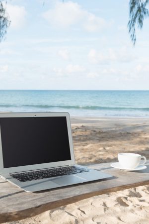 Laptop and a cup of coffee sea view backdrop.copy space. Selected focus  computer laptop with coffee mug on swing cradle under tree. makeshift cradle